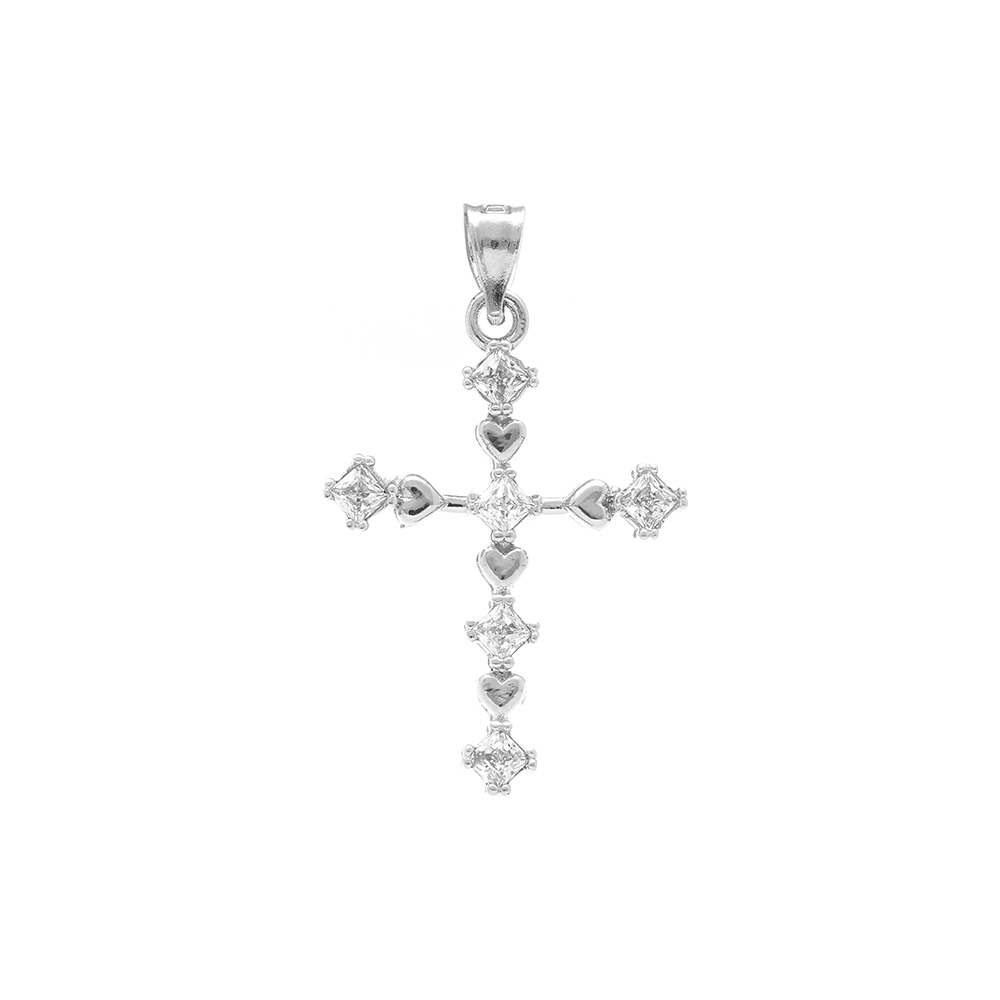 Pendentif en argent rhodi croix avec coeurs 22mm x 15mm oxydes blancs - Vue 1