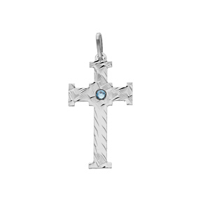 Pendentif en argent rhodi croix avec diamantage en croisillons et oxyde bleu ciel - Vue 1