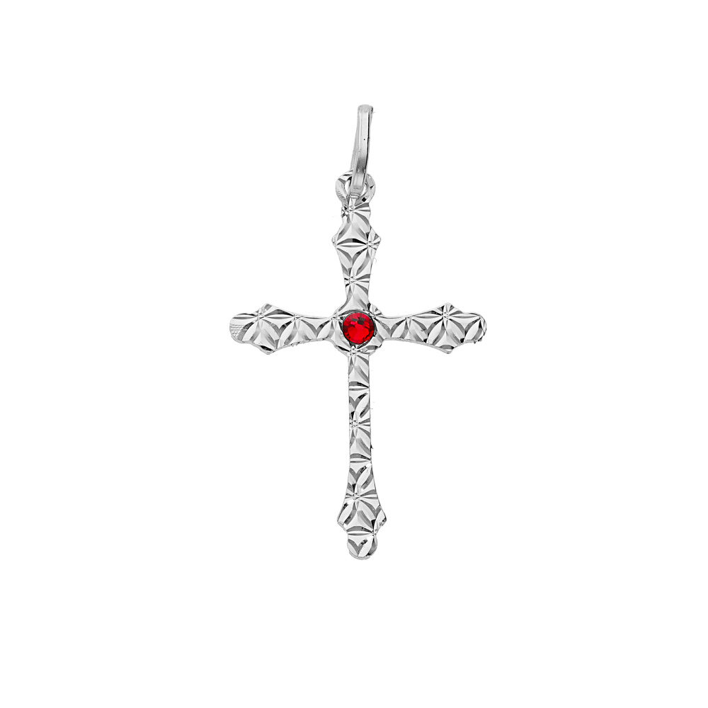 Pendentif en argent rhodi� croix avec motifs diamant�s en �toile et oxyde rouge au centre - Vue 1