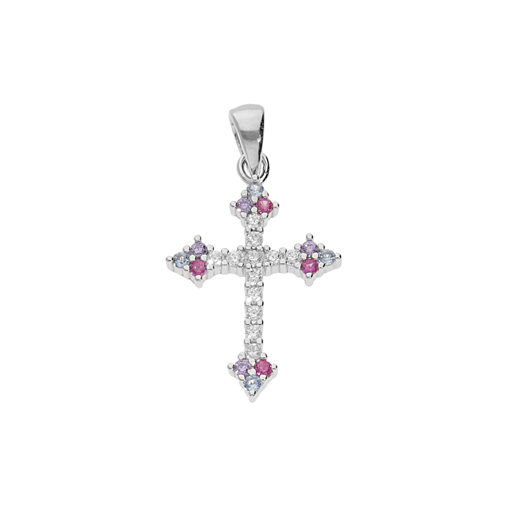 Pendentif en argent rhodi� Croix avec oxydes blancs et multi-couleur - Vue 1