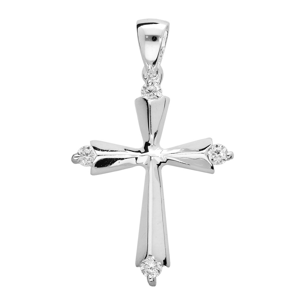 Pendentif en argent rhodi� Croix avec oxydes blancs sertis aux extr�mit�s - Vue 1