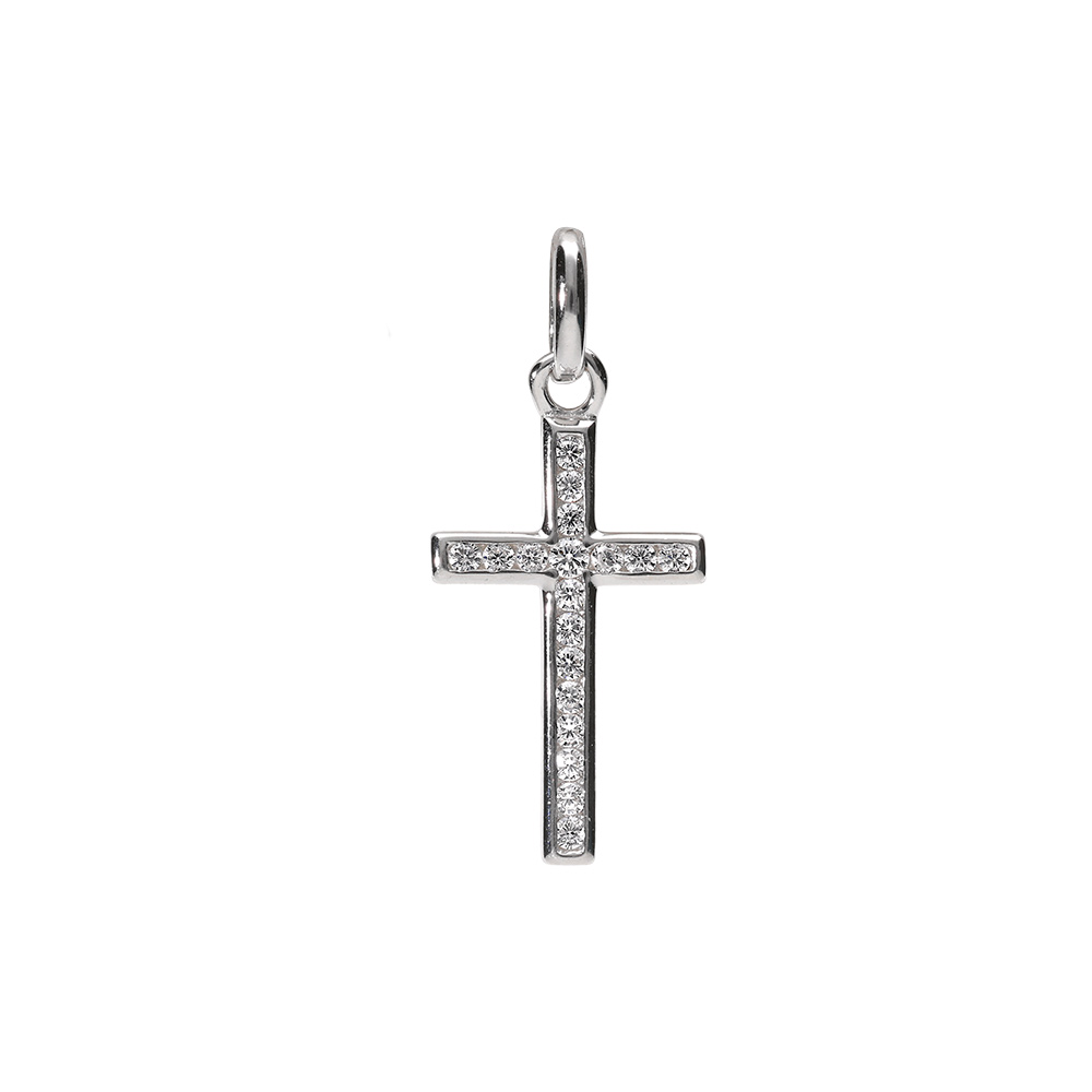 Pendentif en argent rhodi� Croix avec oxydes blancs sertis grand mod�le - Vue 1