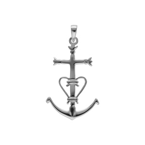 Pendentif en argent rhodi� croix camarguaise grand mod�le - Symbole de la Camargue, tridents, ancre et coeur