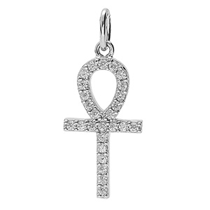 Pendentif en argent rhodi� croix de vie �gyptienne arrondi pav�e d'oxydes blancs 18 x 15mm