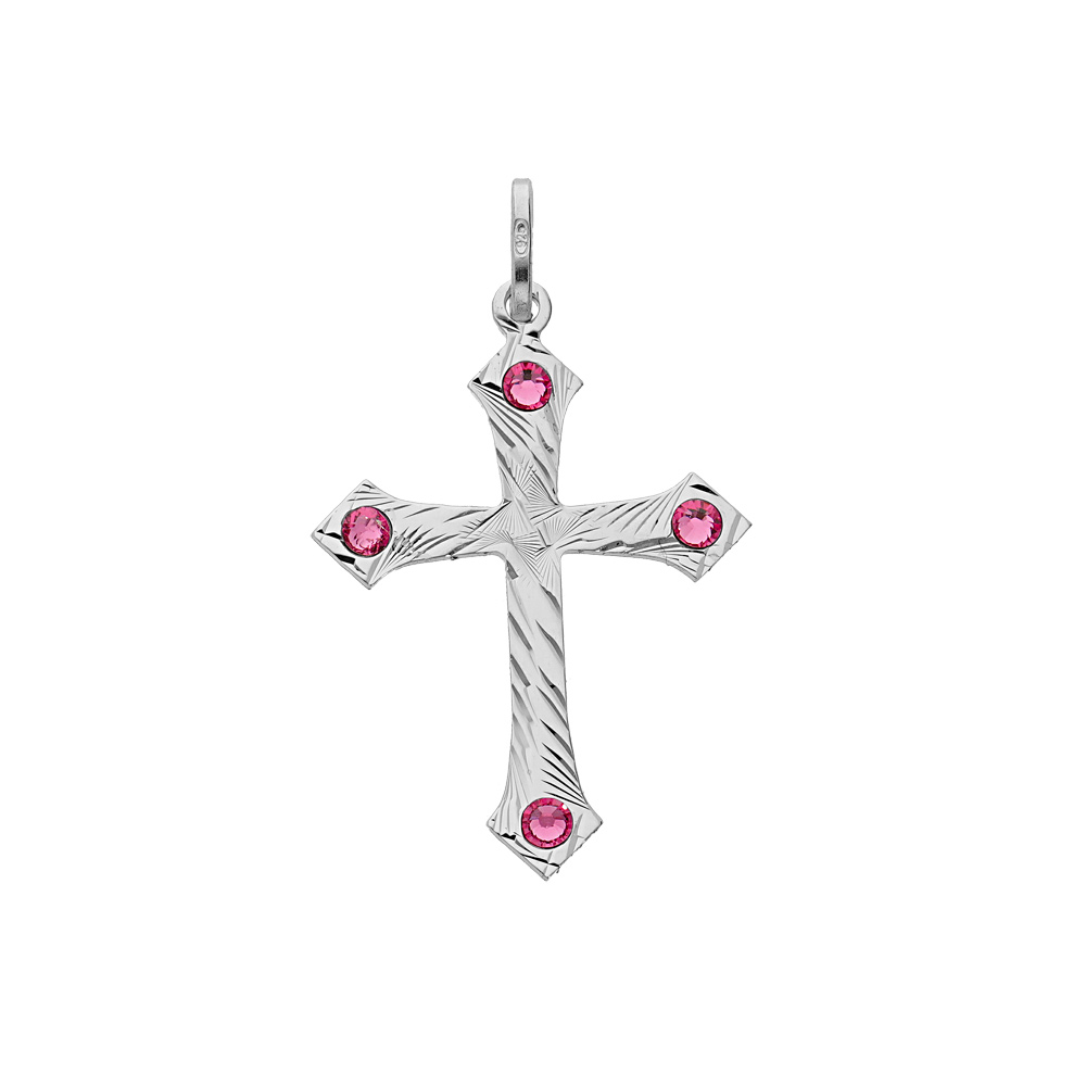 Pendentif en argent rhodi� croix diamant� oxydes rose - Vue 1
