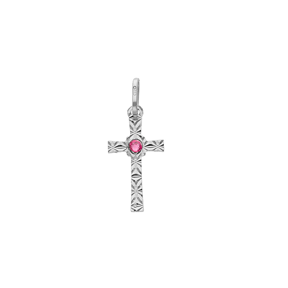 Pendentif en argent rhodi� croix diamant�e �toile oxyde rose - Vue 1