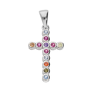 Pendentif en argent rhodi Croix empierre multi-couleur arrondies - Vue 1