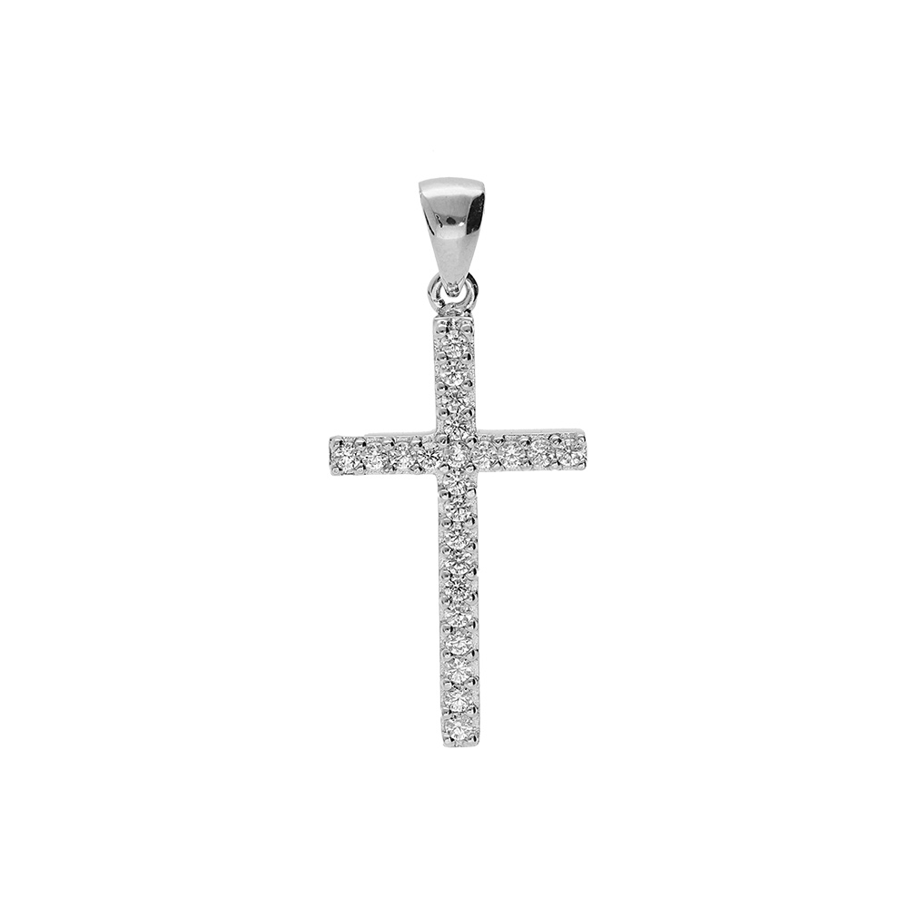 Pendentif en argent rhodi� croix fine avec oxydes blancs 25 x 14mm - Vue 1