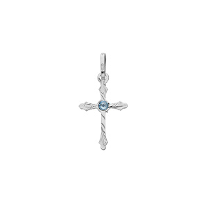 Pendentif en argent rhodi croix fine diamant avec oxyde bleu ciel - Vue 1