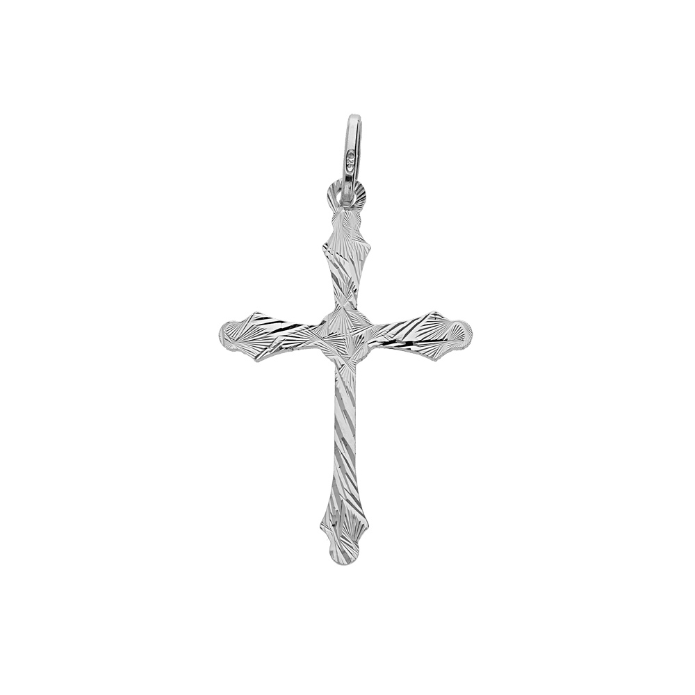 Pendentif en argent rhodi� croix motifs rainur�s et extr�mit�s arrondies - Vue 1