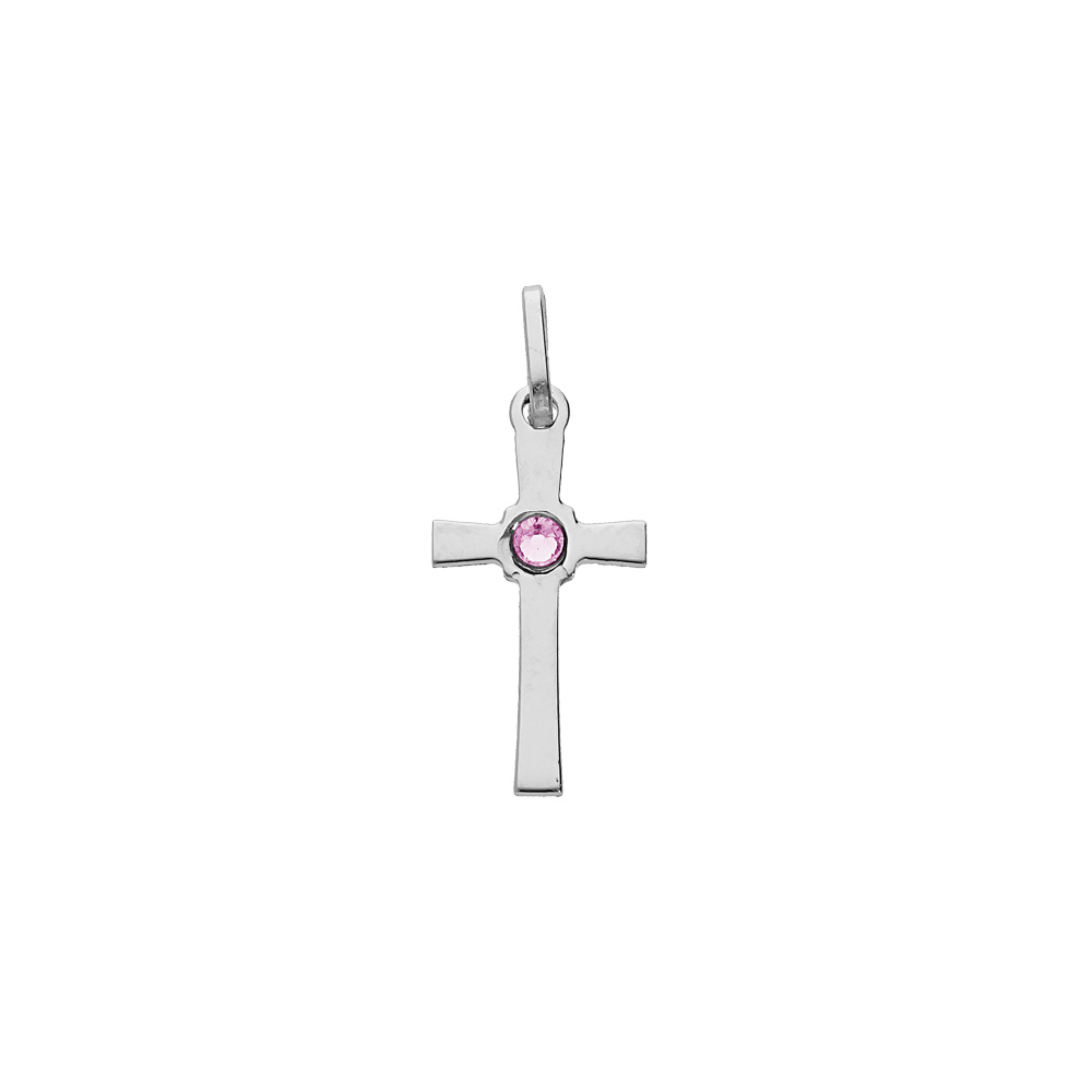 Pendentif en argent rhodi� croix oxyde rose - Vue 1