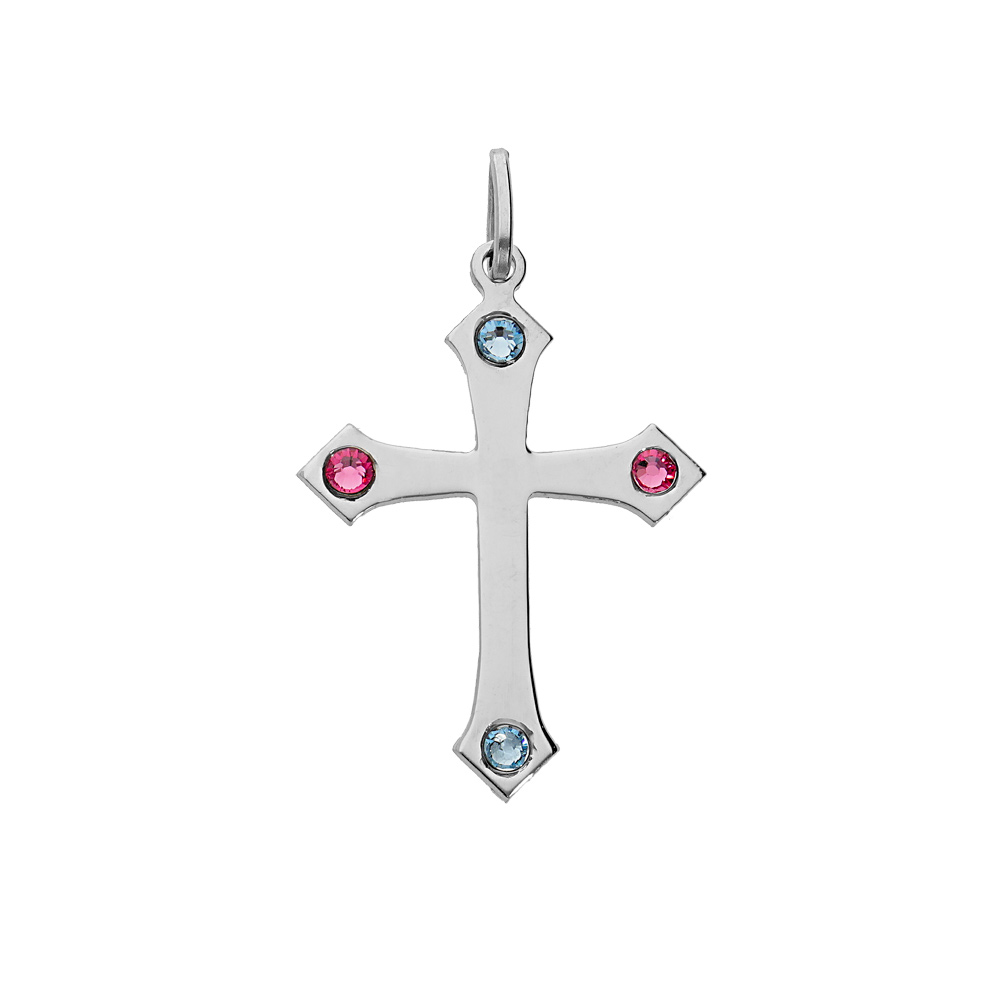 Pendentif en argent rhodi croix 4 oxydes rose et bleu ciel - Vue 1