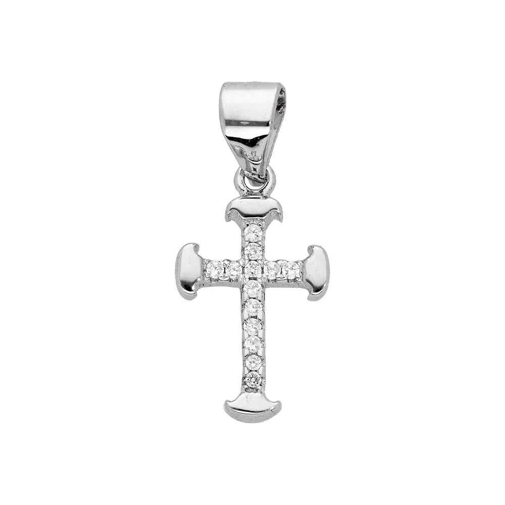 Pendentif en argent rhodi� Croix petit mod�le avec oxydes blancs sertis - Vue 1