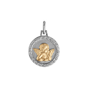 Pendentif en argent rhodi et argent dor rond 15mm Ange contour oxydes blancs sertis - Vue 1