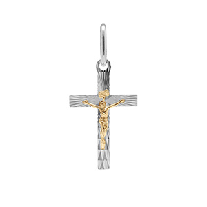 Pendentif en argent rhodi� et dor� J�sus Christ sur croix diamant�
