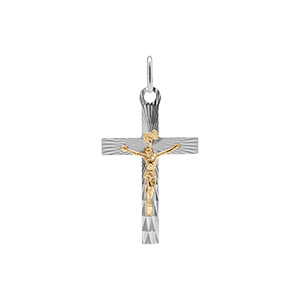 Pendentif en argent rhodi� et dor� J�sus Christ sur croix diamant� 34mm x 20mm