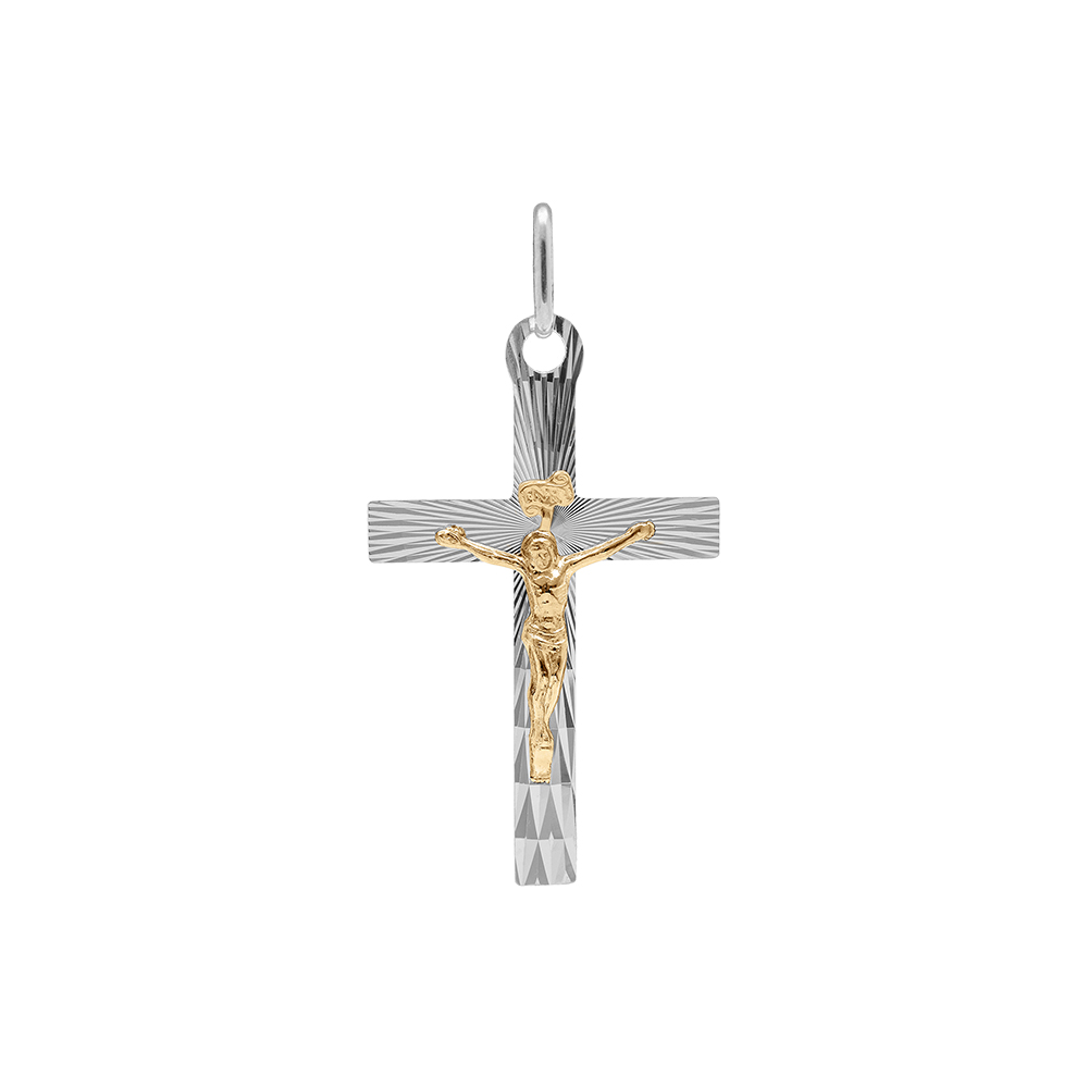 Pendentif en argent rhodi� et dor� j�sus sur croix diamant� 34mm x 20 mm - Vue 1