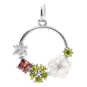 Pendentif en argent rhodi� fleur d'oxydes multi couleur et sa fleur de nacre