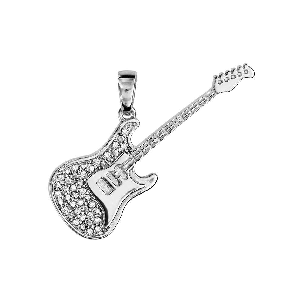Pendentif en argent rhodi� guitare rock avec oxydes blancs sertis - longueur 35mm - Vue 1