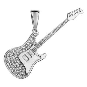 Pendentif en argent rhodié guitare rock avec oxydes blancs sertis - longueur 50mm - Vue 1