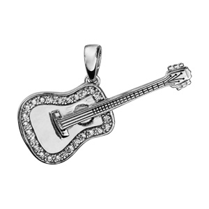 Pendentif en argent rhodié guitare séche 26mm avec oxydes blancs sertis - Vue 1