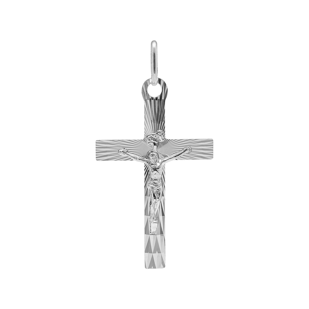Pendentif en argent rhodi� J�sus Christ sur Croix diamant�e - 34mm X 20mm - Vue 1
