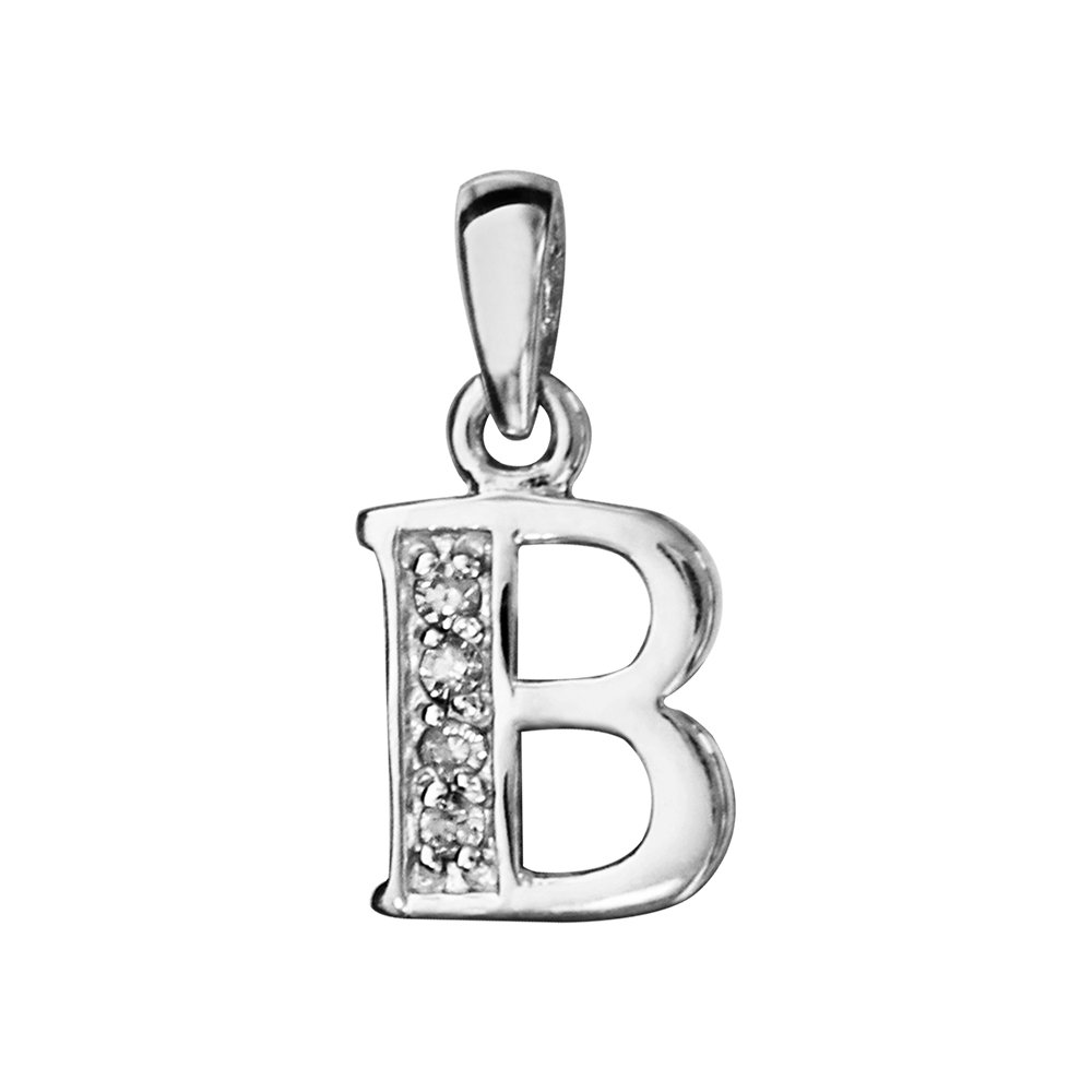 Pendentif en argent rhodi� lettre B orn�e d\'oxydes blancs sur une partie - Vue 1