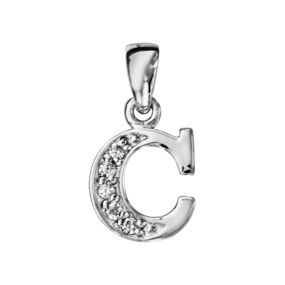 Pendentif en argent rhodi� lettre C orn�e d\'oxydes blancs sur une partie - Vue 1