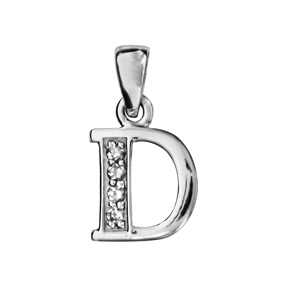 Pendentif en argent rhodi� lettre D orn�e d\'oxydes blancs sur une partie - Vue 1