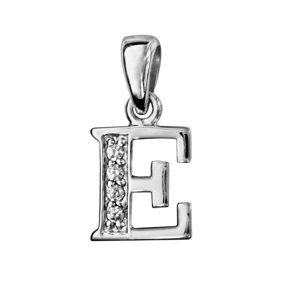 Pendentif en argent rhodi� lettre E orn�e d\'oxydes blancs sur une partie - Vue 1