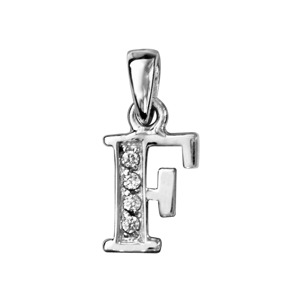 Pendentif en argent rhodi� lettre F orn�e d\'oxydes blancs sur une partie - Vue 1