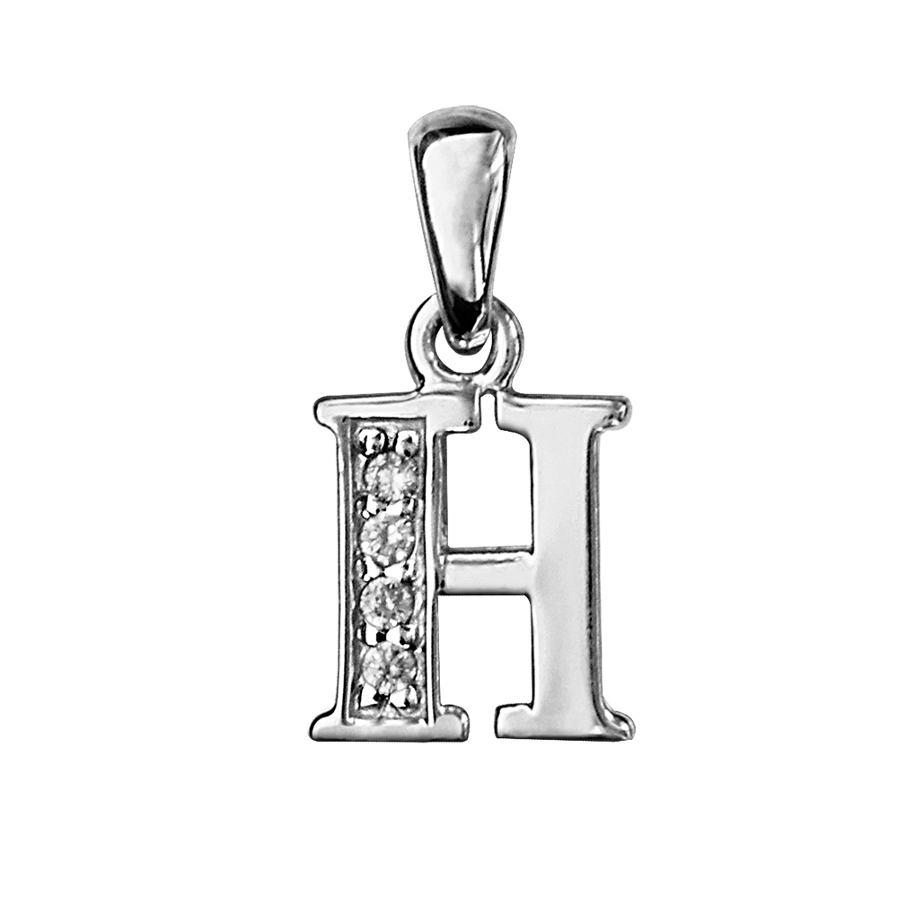 Pendentif en argent rhodi� lettre H orn�e d\'oxydes blancs sur une partie - Vue 1