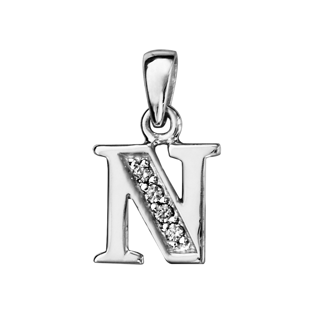 Pendentif en argent rhodi� lettre N orn�e d\'oxydes blancs sur une partie - Vue 1