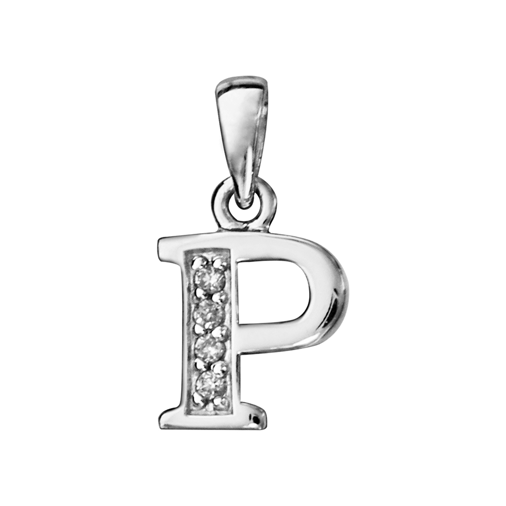 Pendentif en argent rhodi� lettre P orn�e d\'oxydes blancs sur une partie - Vue 1