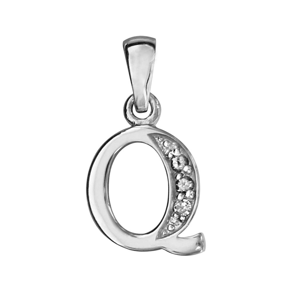 Pendentif en argent rhodi� lettre Q orn�e d\'oxydes blancs sur une partie - Vue 1