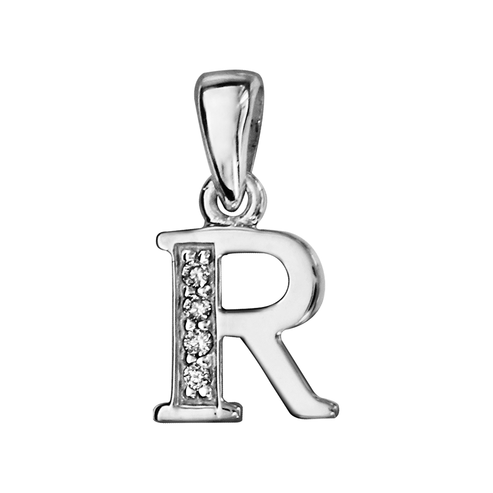 Pendentif en argent rhodi� lettre R orn�e d\'oxydes blancs sur une partie - Vue 1