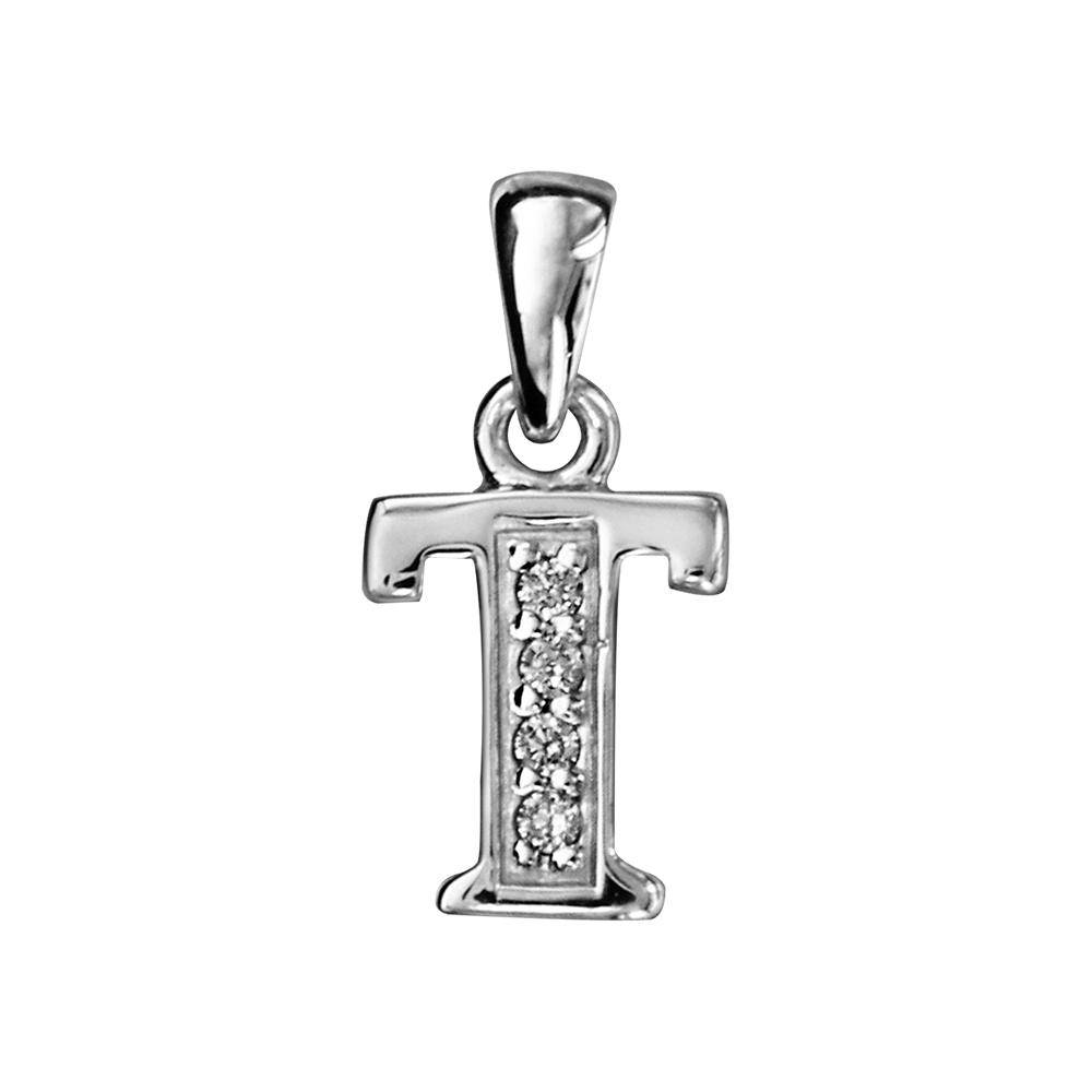 Pendentif en argent rhodi� lettre T orn�e d\'oxydes blancs sur une partie - Vue 1
