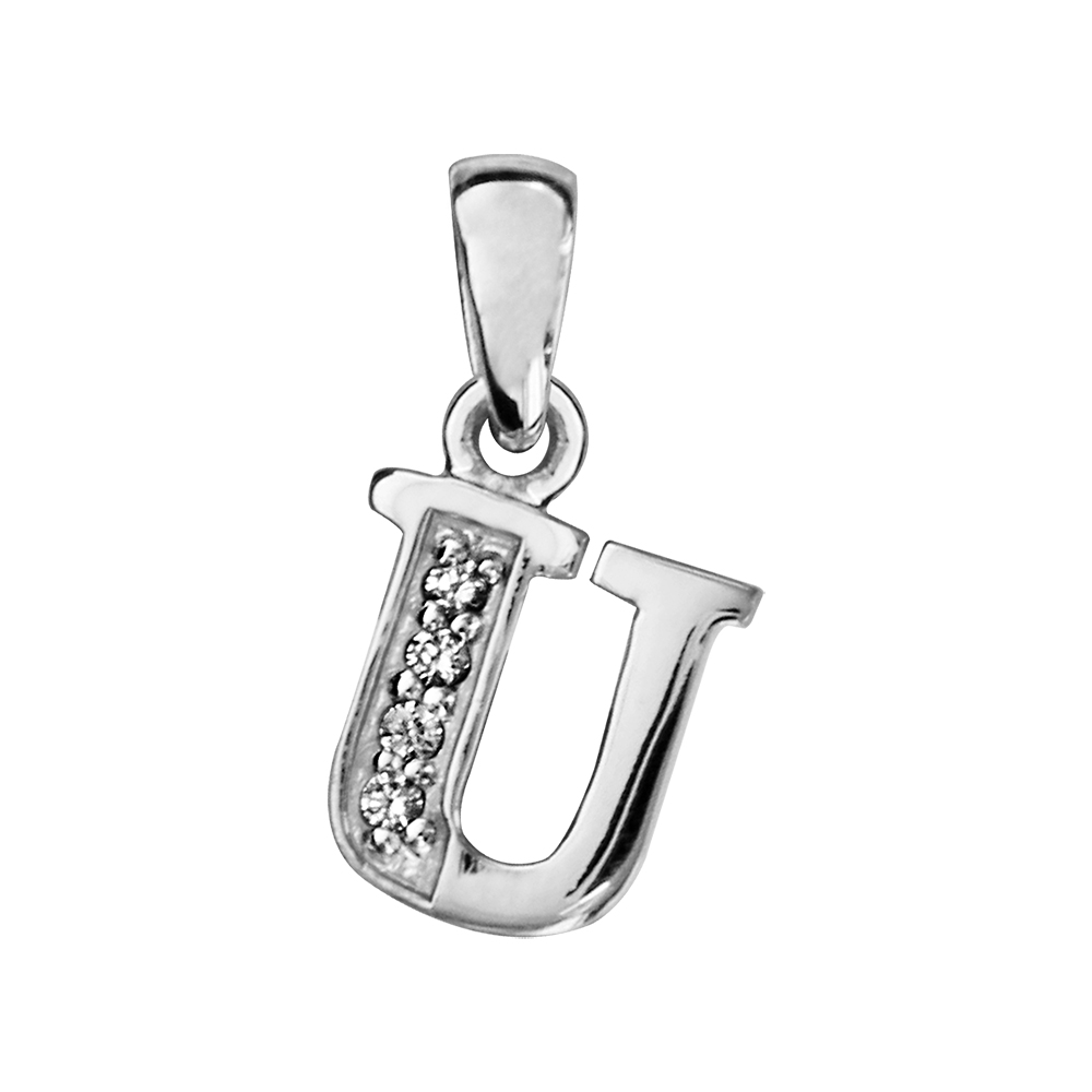 Pendentif en argent rhodi� lettre U orn�e d\'oxydes blancs sur une partie - Vue 1