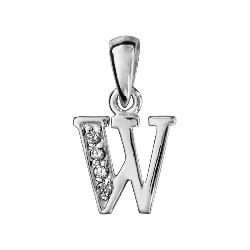 Pendentif en argent rhodi� lettre W orn�e d\'oxydes blancs sur une partie - Vue 1
