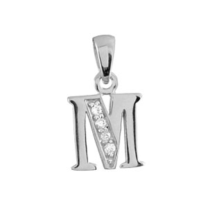 Pendentif en argent rhodi lettre M orne d\'oxydes blancs sur une partie - Vue 1