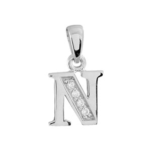 Pendentif en argent rhodi lettre N orne d\'oxydes blancs sur une partie - Vue 1