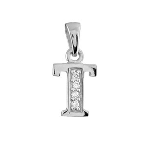 Pendentif en argent rhodi lettre T orne d\'oxydes blancs sur une partie - Vue 1