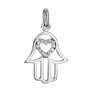 Pendentif en argent rhodi main de Fatma suspendue avec coeur en oxydes blancs sertis  l\'intrieur - Vue 1