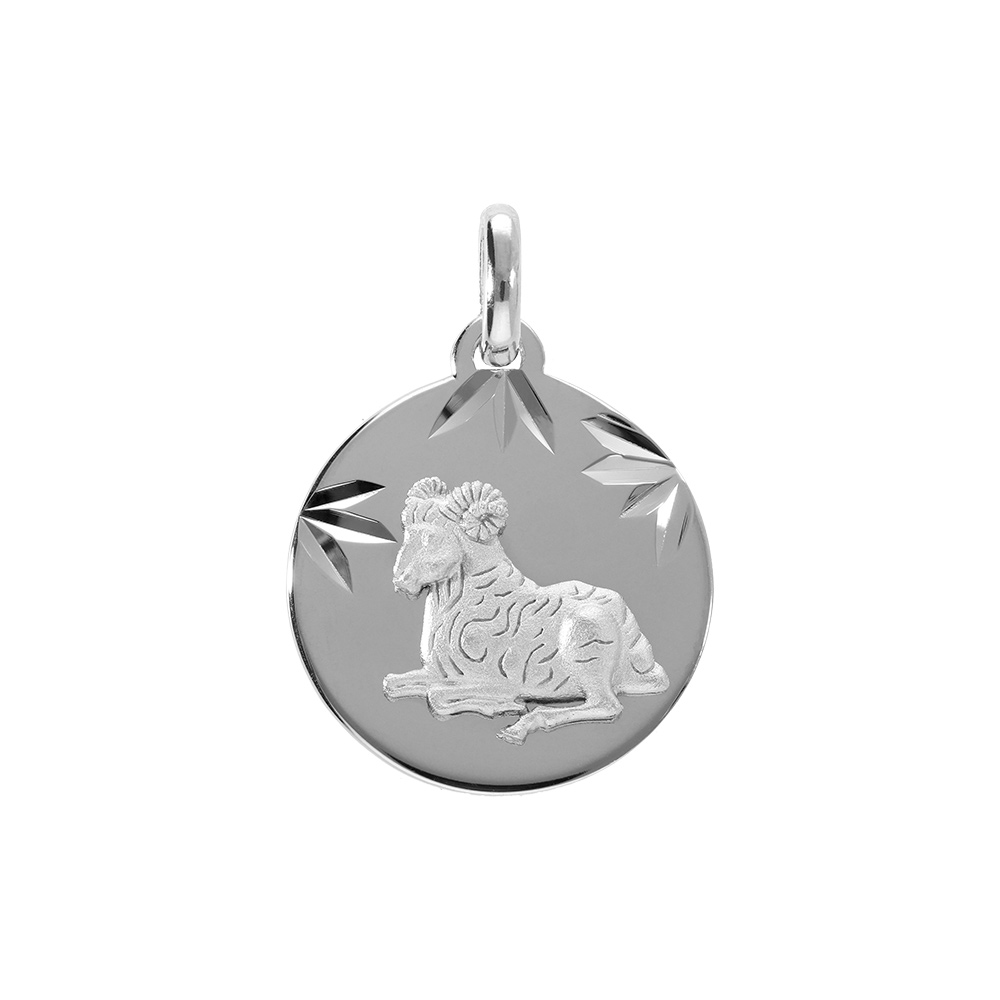 Pendentif en argent rhodi� m�daille 15mm diamant�e zodiaque b�lier - Vue 1