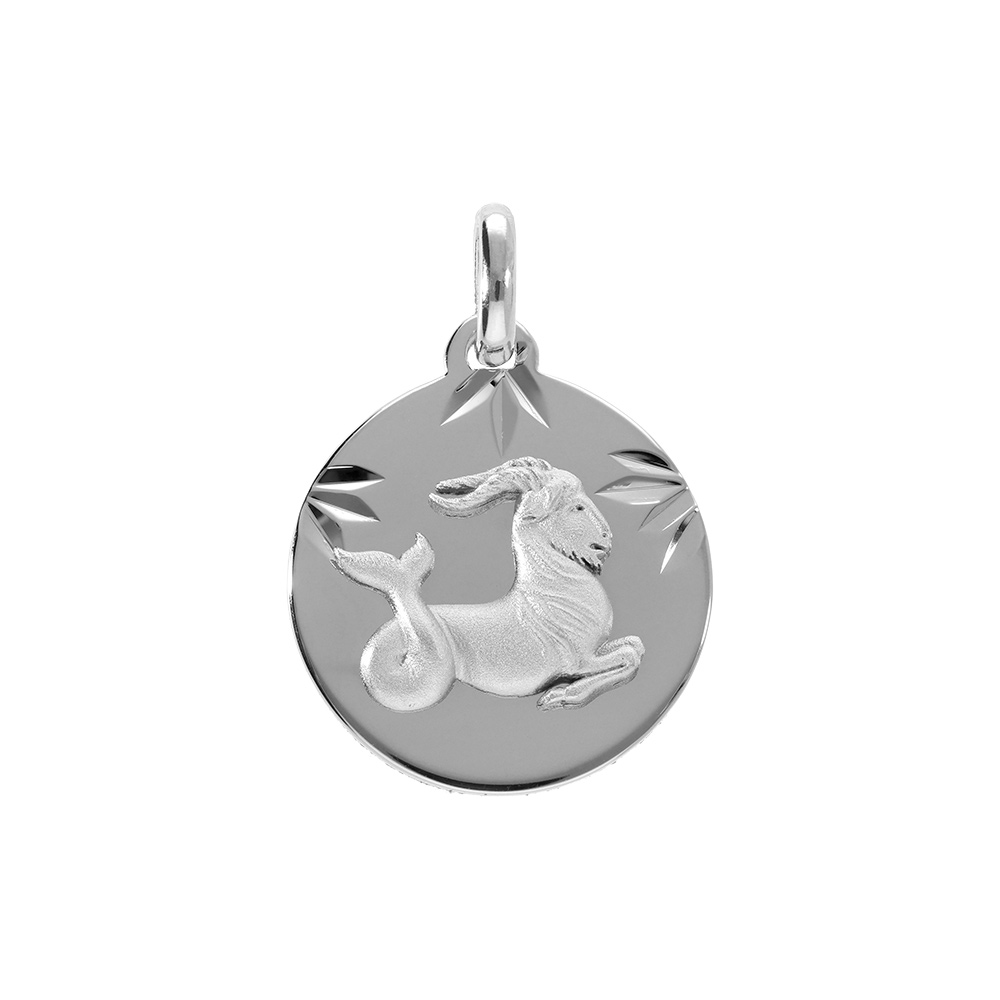 Pendentif en argent rhodi�  m�daille 15mm diamant�e zodiaque capricorne - Vue 1