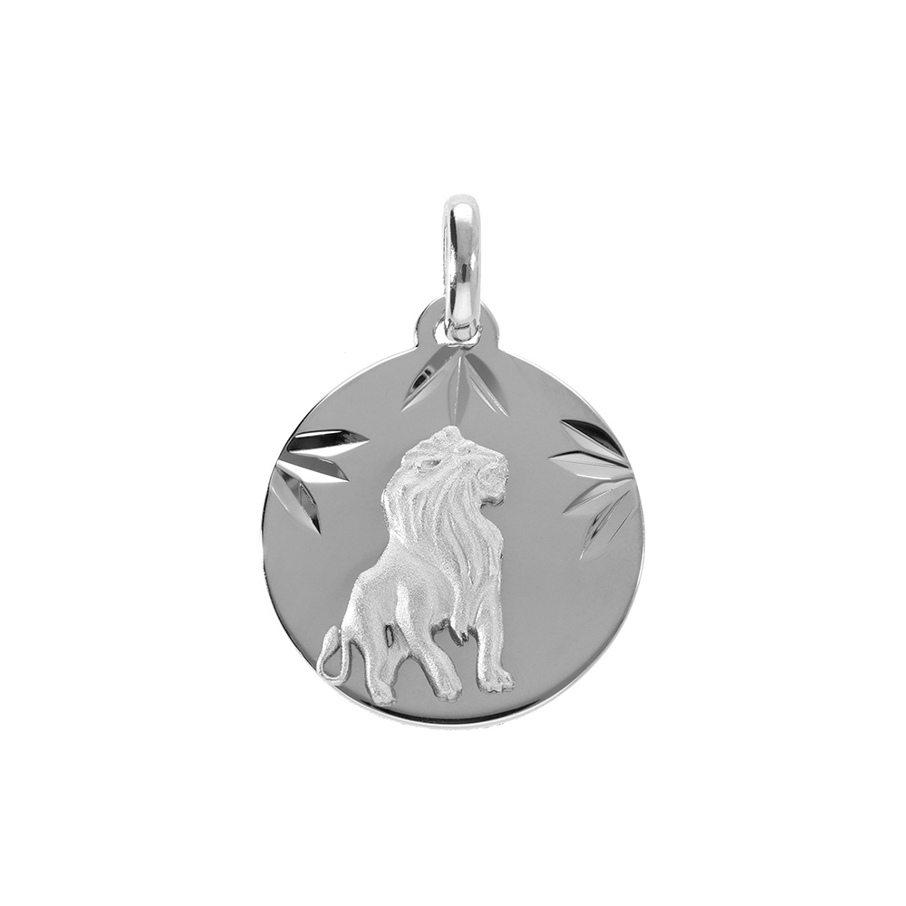 Pendentif en argent rhodi� m�daille 15mm diamant�e zodiaque lion - Vue 1
