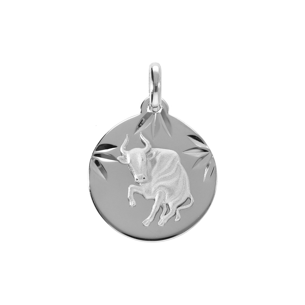 Pendentif en argent rhodi� m�daille 15mm diamant�e zodiaque taureau - Vue 1