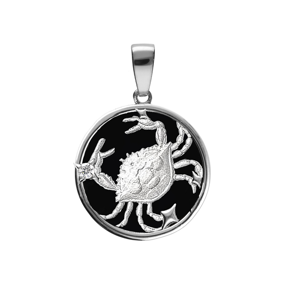 Pendentif en argent rhodi� m�daille 15mm, onyx noir imitation, zodiaque cancer et un oxyde blanc - Vue 1
