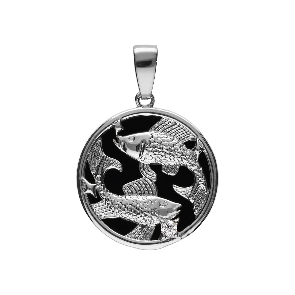 Pendentif en argent rhodi� m�daille 15mm, onyx noir imitation, zodiaque poissons et un oxyde blanc - Vue 1