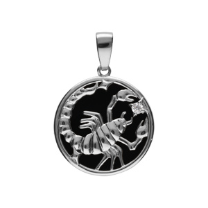 Pendentif en argent rhodié médaille 15mm, onyx noir imitation, zodiaque scorpion et un oxyde blanc - Vue 1